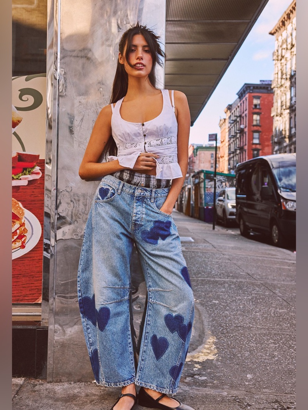 Free People We The Free Good Luck Shadow Patch Barrel Jeans NWOT Sold Out  25/26